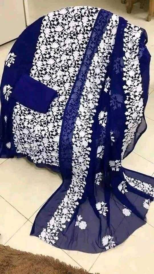 কাশ্মীর আড়ী জর্জেট ফোর পিস ( Dark Indigo )