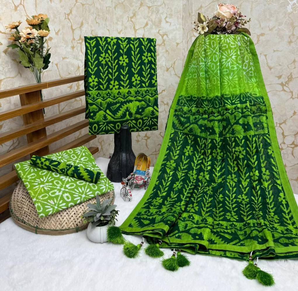 আড়াই হাত বহরের অরগেন্ডি ওড়না থ্রি পিস ( Sap Green )