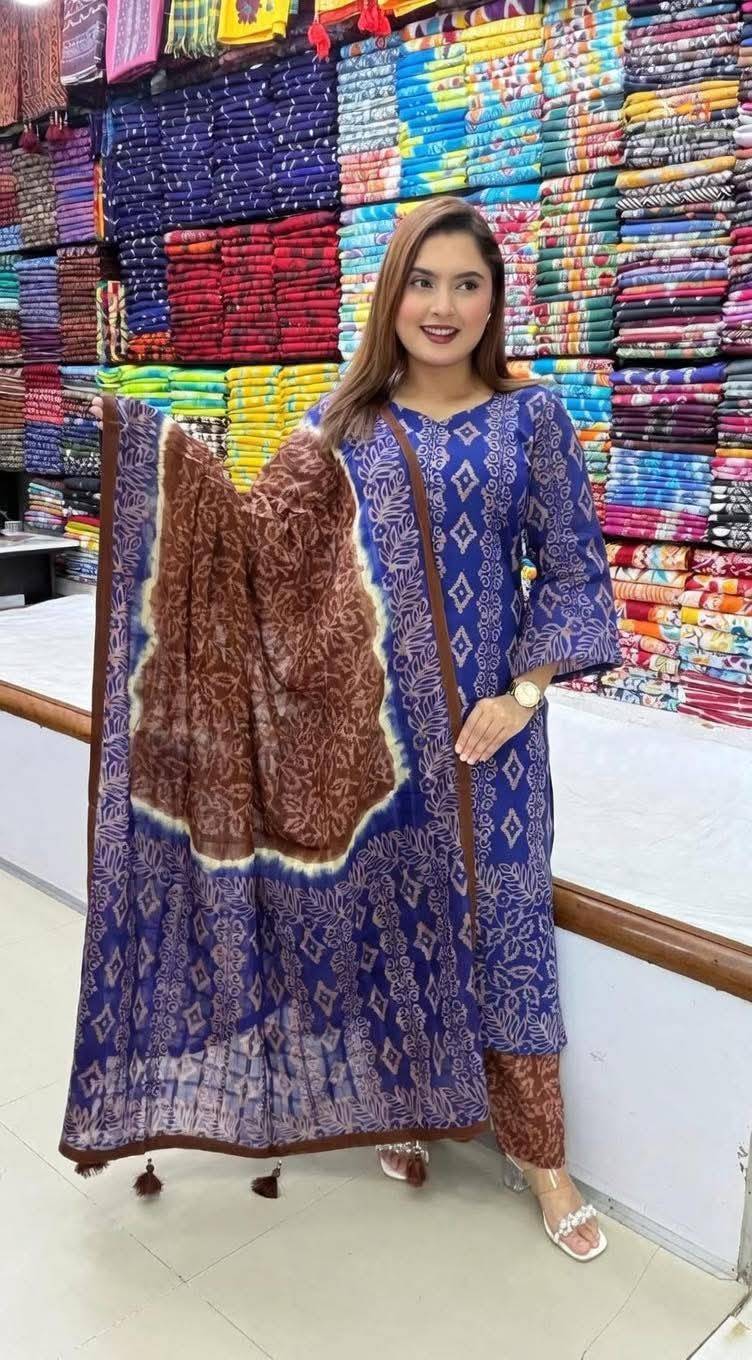 আড়াই হাত বহরের অরগেন্ডি ওড়না থ্রি পিস ( Lapis Blue )