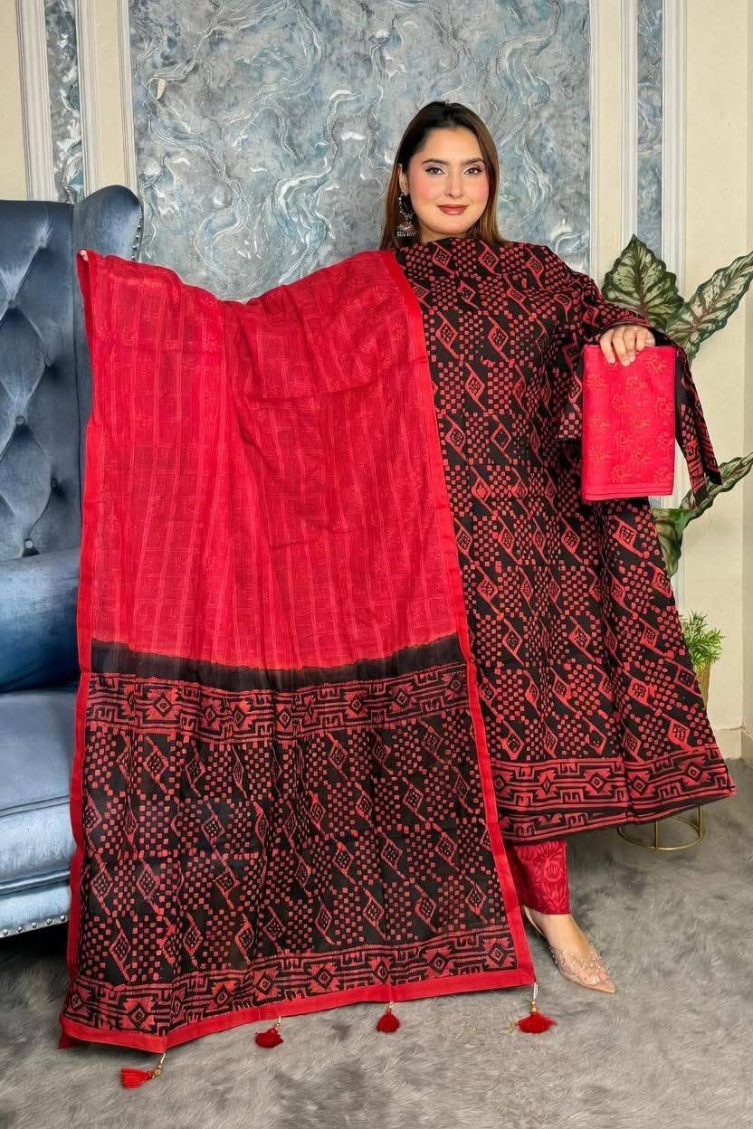 আড়াই হাত বহরের অরগেন্ডি ওড়না থ্রি পিস ( Crater Brown&Red )