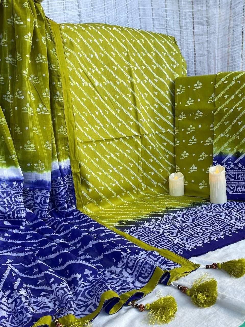 আড়াই হাত বহরের অরগেন্ডি ওড়না থ্রি পিস ( Lemon Ginger&Lapis Blue )